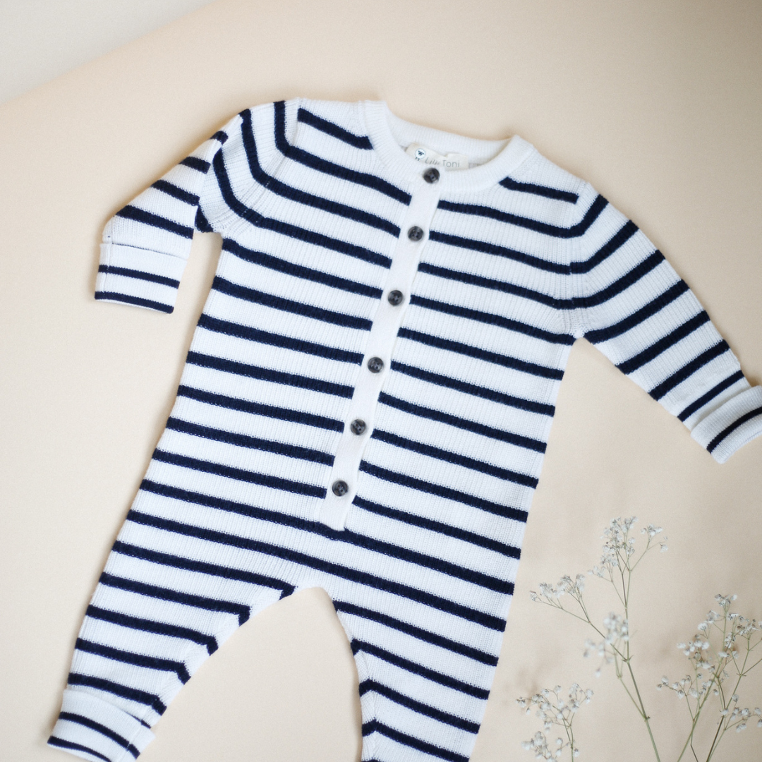 Strampler "Thea" in offwhite marine gestreift